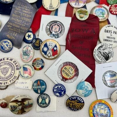 Rare Large Lot of Antique Buttons Ribbons Pins and Pin Backs from 1890s to 1940s
