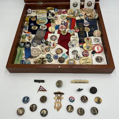 Rare Large Lot of Antique Buttons Ribbons Pins and Pin Backs from 1890s to 1940s