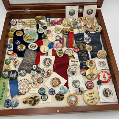 Rare Large Lot of Antique Buttons Ribbons Pins and Pin Backs from 1890s to 1940s
