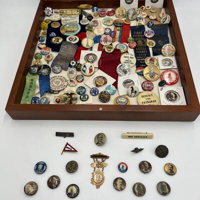 Rare Large Lot of Antique Buttons Ribbons Pins and Pin Backs from 1890s to 1940s