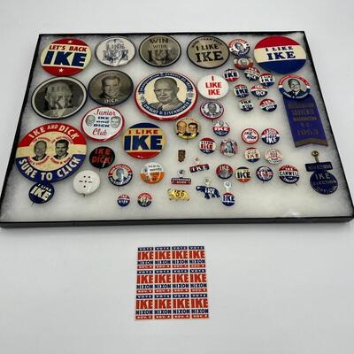 Lot of Vintage Ike Dwight E Eisenhower Buttons Pins Ribbons and Stamps