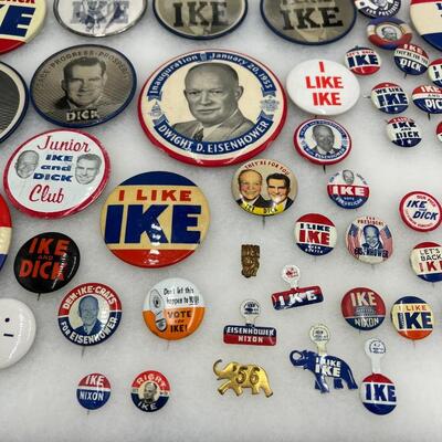 Lot of Vintage Ike Dwight E Eisenhower Buttons Pins Ribbons and Stamps