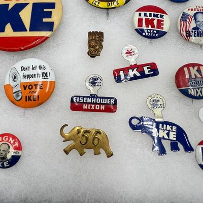 Lot of Vintage Ike Dwight E Eisenhower Buttons Pins Ribbons and Stamps