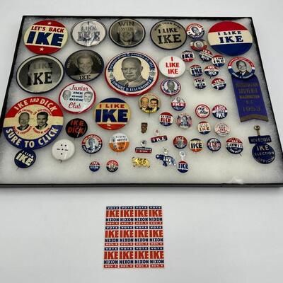 Lot of Vintage Ike Dwight E Eisenhower Buttons Pins Ribbons and Stamps