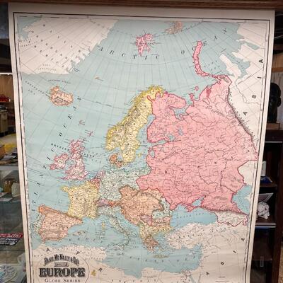 1898 Antique Rand McNally & Co Map of Europe in Original Wood Pull-Down Case
