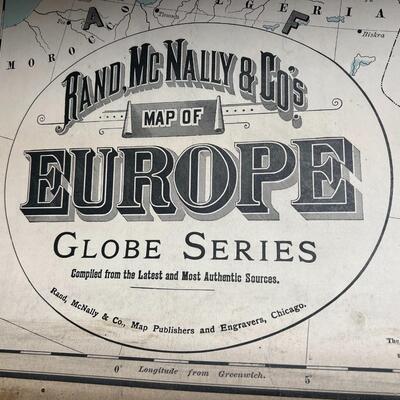 1898 Antique Rand McNally & Co Map of Europe in Original Wood Pull-Down Case