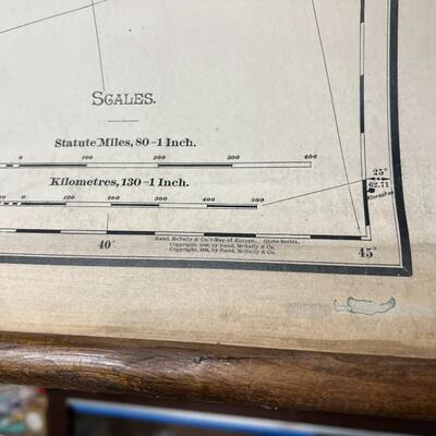 1898 Antique Rand McNally & Co Map of Europe in Original Wood Pull-Down Case