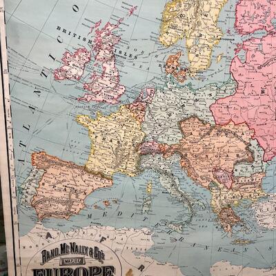1898 Antique Rand McNally & Co Map of Europe in Original Wood Pull-Down Case