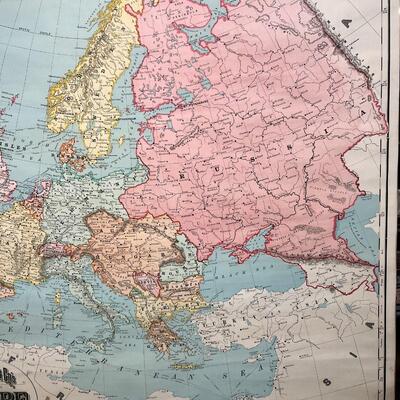 1898 Antique Rand McNally & Co Map of Europe in Original Wood Pull-Down Case