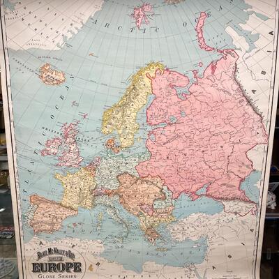 1898 Antique Rand McNally & Co Map of Europe in Original Wood Pull-Down Case