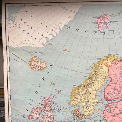 1898 Antique Rand McNally & Co Map of Europe in Original Wood Pull-Down Case