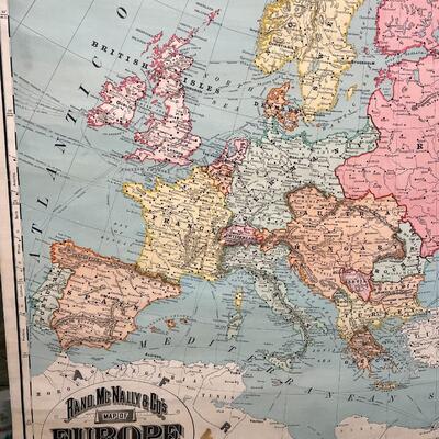 1898 Antique Rand McNally & Co Map of Europe in Original Wood Pull-Down Case