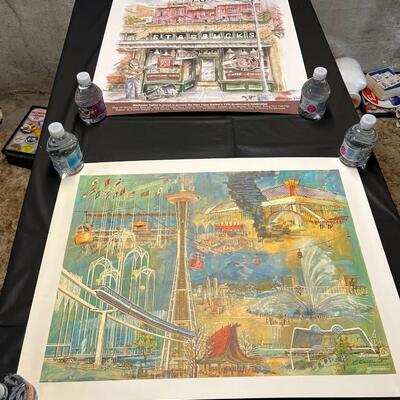 Lot of 2 Vintage Seattle Posters incl Signed Starbucks 25th Anniversary and 1962 World's Fair