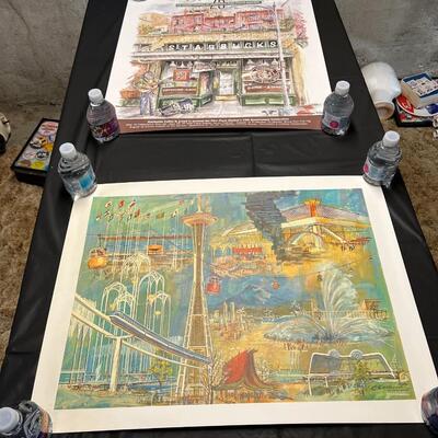 Lot of 2 Vintage Seattle Posters incl Signed Starbucks 25th Anniversary and 1962 World's Fair