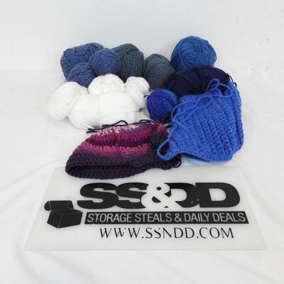 Yarn: Various Shades of Blue, White, Includes Unfinished Projects