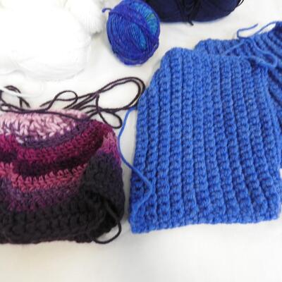 Yarn: Various Shades of Blue, White, Includes Unfinished Projects
