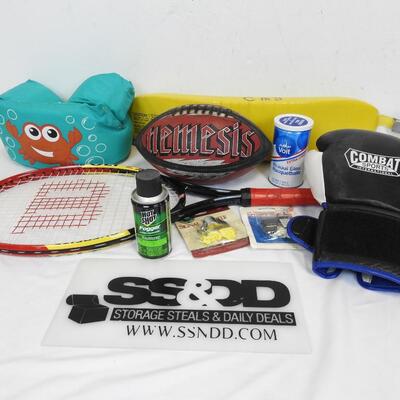 Sports/Outdoor Lot: Racquetballs, Racket, Whistles, Football, Paddle Jumper