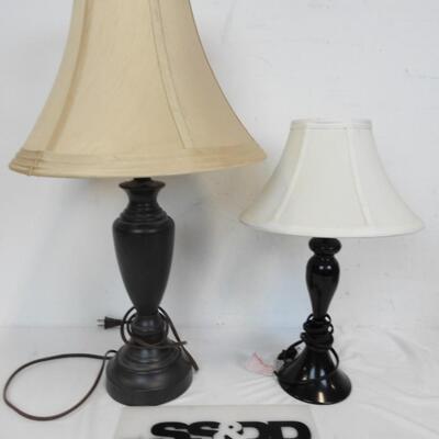 2 Lamps w/Shades, Brown Lamp 25in, Black Lamp 18in, Bulbs Not Included, WORKS