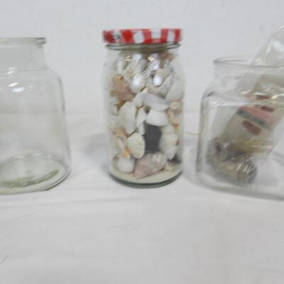 Craft Lot: Seashells,Thimbles, Bobbins,Stenciling Book, Faux Grass,Glass Bottles