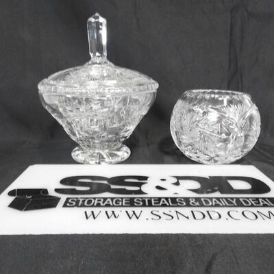Crystal "Pinwheel" Design Candy Dish w/Lid, & Small Flower Vase, Good Condition