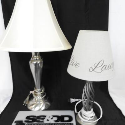 2 Metal Lamps w/Shades, Silver-Toned, 1 w/Matte Finish, Good Condition
