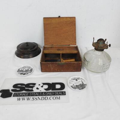Vintage Lot: Shoe Shine Box/Brush, China Coasters,Trinket Box,Glass Oil Lamp,Key