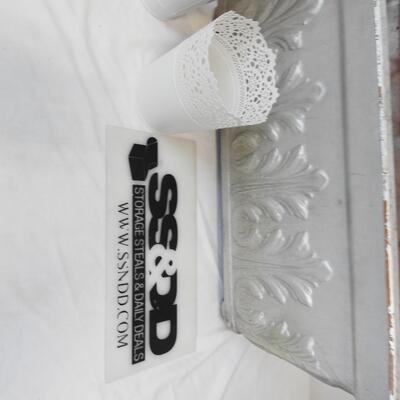 Plastic Silver Planter Box and White Medal Decorative Plant Holders.