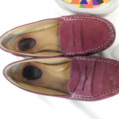 3 Pairs of Women's Slip On Shoes: Size 8 Purple, Size 8.5 Pattern and Gold
