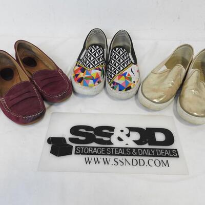3 Pairs of Women's Slip On Shoes: Size 8 Purple, Size 8.5 Pattern and Gold