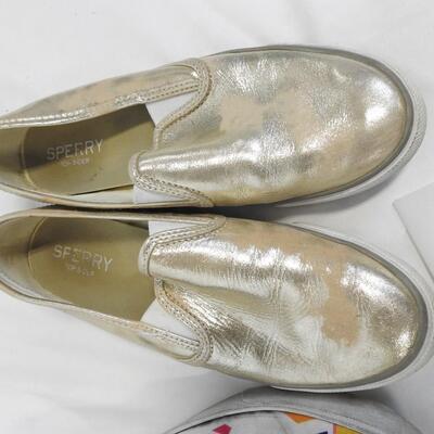 3 Pairs of Women's Slip On Shoes: Size 8 Purple, Size 8.5 Pattern and Gold