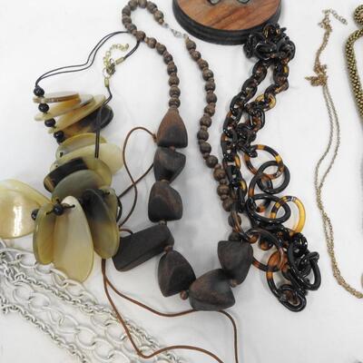 Necklace Tree & 10 Costume Jewelry Necklaces, Wood Bead, Chains, Shells