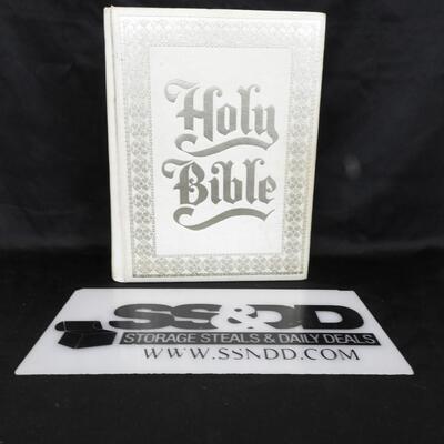 Bible: Large White W/Gold Tone Lettering, Writing on Inside Cover, See Pictures