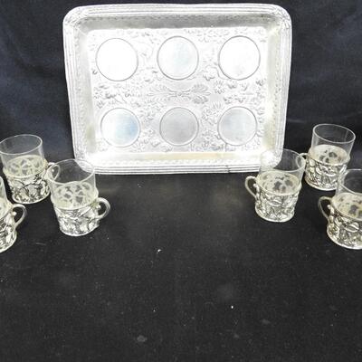 Vintage Small Clear Glasses w/Tray, Unique, Metal, Heavy, Made In japan