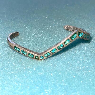 AA NAVAJO NATIVE AMERICAN SILVER ZIG ZAG CUFF BRACELET TURQUOISE MICRO MOSAIC INLAY