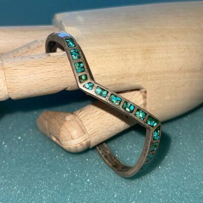 AA NAVAJO NATIVE AMERICAN SILVER ZIG ZAG CUFF BRACELET TURQUOISE MICRO MOSAIC INLAY