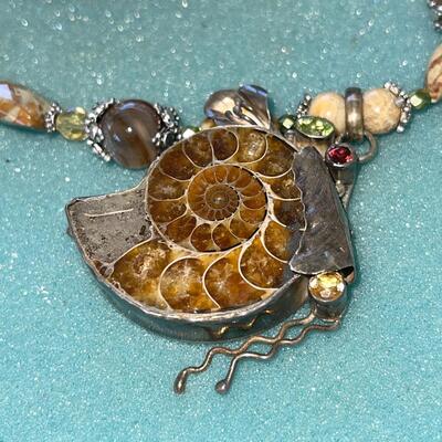 AA  ARTISAN MADE CONTEMPORARY NECKLACE NAUTILUS FOSSIL EARTH TONE BEADS & CRYSTALS MK 925