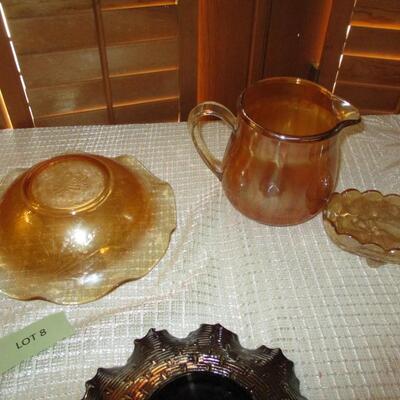 Fenton Amethyst Bowl & Light Amber Pitcher, Bowl, & Candy Dish