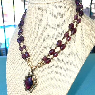 AA  ANTIQUE EDWARDIAN PURPLE GLASS 2 STRAND PENDANT NECKLACE