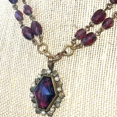 AA  ANTIQUE EDWARDIAN PURPLE GLASS 2 STRAND PENDANT NECKLACE