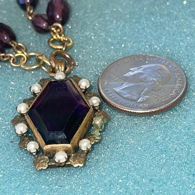 AA  ANTIQUE EDWARDIAN PURPLE GLASS 2 STRAND PENDANT NECKLACE