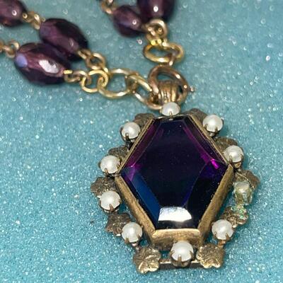 AA  ANTIQUE EDWARDIAN PURPLE GLASS 2 STRAND PENDANT NECKLACE