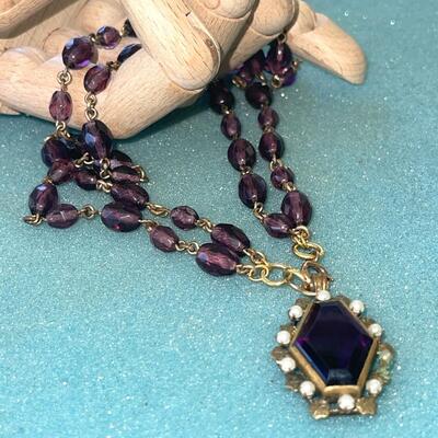 AA  ANTIQUE EDWARDIAN PURPLE GLASS 2 STRAND PENDANT NECKLACE