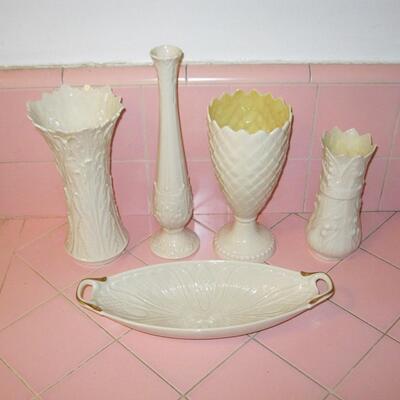 MS Cream Porcelain Group Lenox & Belleek Vases & Candy Dish 5 pcs