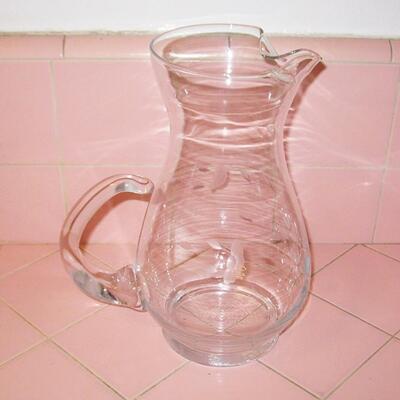 MS Elegant Mid Century Glass Water Pitcher Etched Flowers Applied Handle