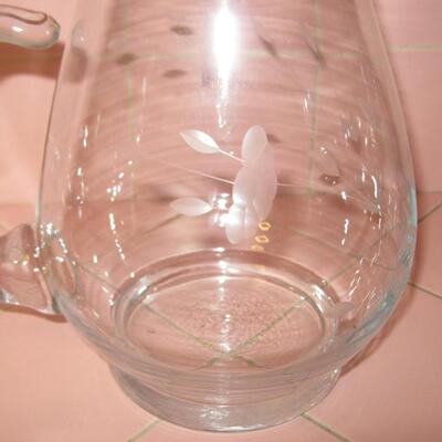 MS Elegant Mid Century Glass Water Pitcher Etched Flowers Applied Handle