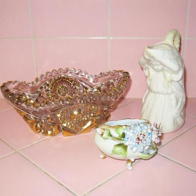 MS 3 pcs Home Decor Oval Glass Dish Clear Gold Accent Egg Dish w/Flowers Belleek Pitcher