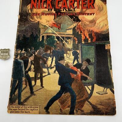 1909 Nick Carter New Weekly Magazine and 1920s or 1930s Nick Carter Club Badge B40