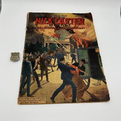 1909 Nick Carter New Weekly Magazine and 1920s or 1930s Nick Carter Club Badge B40