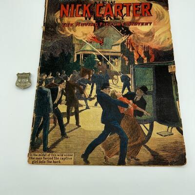1909 Nick Carter New Weekly Magazine and 1920s or 1930s Nick Carter Club Badge B40