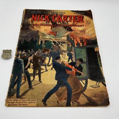 1909 Nick Carter New Weekly Magazine and 1920s or 1930s Nick Carter Club Badge B40